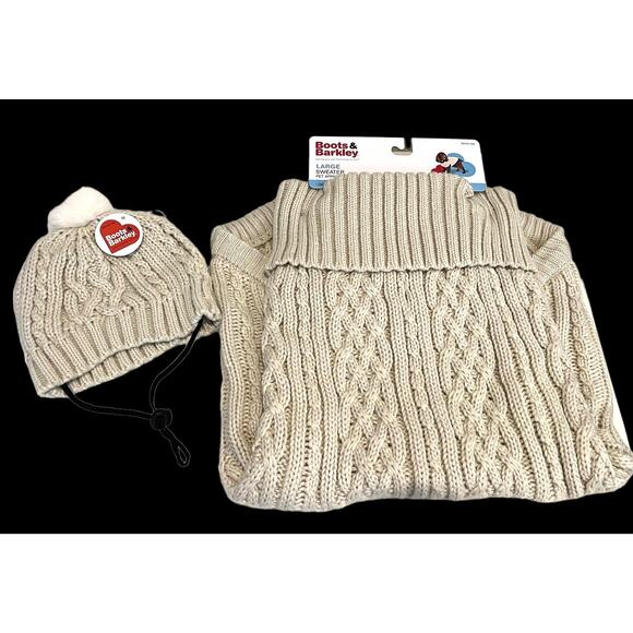 NEW Puppy Dog PET SWEATER & HAT OUTFIT Set LG Cream Knit Boots Barkley to 80lb - Picture 2 of 11